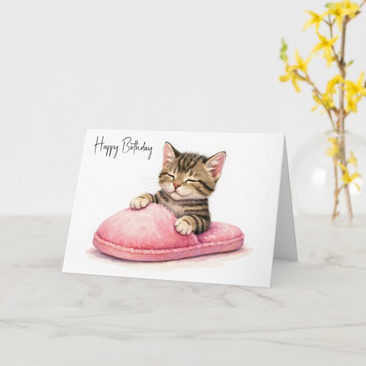 Birthday Kitten Sleeping in a Pink Slipper カード (黄色い花)