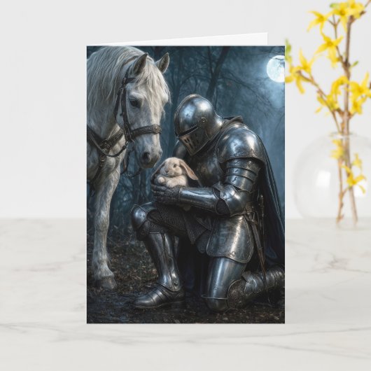 Birthday Knight Holding a Floppy-eared Rabbit カード (黄色い花)