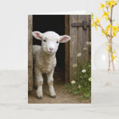 Birthday Lamb In Barn Door カード (黄色い花)