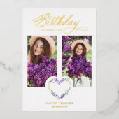 Birthday Lilac Real Gold 2 Photos Floral Heart 箔招待状 (正面)