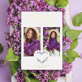 Birthday Lilac Real Gold 2 Photos Floral Heart 箔招待状