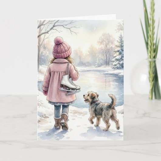 Birthday Little Girl With Ice Skates and Dog カード (正面)