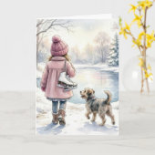 Birthday Little Girl With Ice Skates and Dog カード (黄色い花)