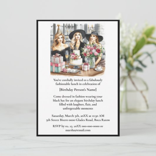 Birthday Lunch Chic Ladies Black Hat Invitation 招待状 (スタンド正面)