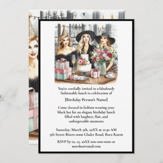 Birthday Lunch Chic Ladies Black Hat  Invitation 招待状 (正面/裏面)