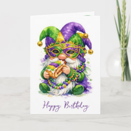 Birthday Mardi Gras Gnome Eating King Cake カード