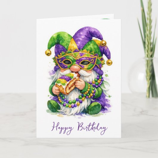 Birthday Mardi Gras Gnome Eating King Cake カード (正面)