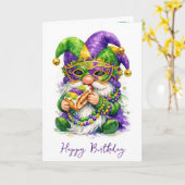 Birthday Mardi Gras Gnome Eating King Cake カード (黄色い花)