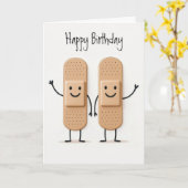 Birthday Medical Bandage Stick Figures People カード (黄色い花)