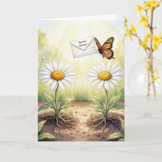 Birthday Monarch Butterfly Delivering Mail カード (黄色い花)