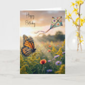 Birthday Monarch Butterfly Flying a Kite カード (黄色い花)