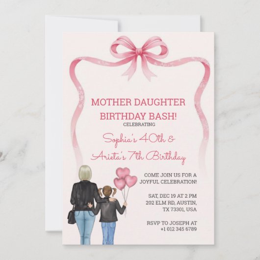 Birthday mother daughter pink bow theme 招待状 (正面)