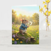 Birthday Mouse Blowing Dandelion Seedlings カード (黄色い花)