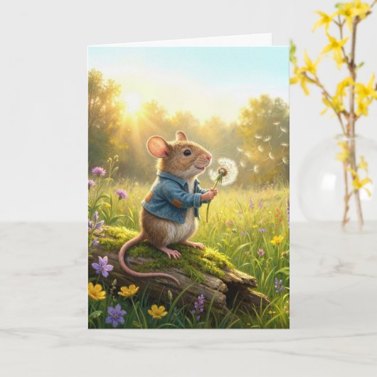 Birthday Mouse Blowing Dandelion Seedlings カード (黄色い花)