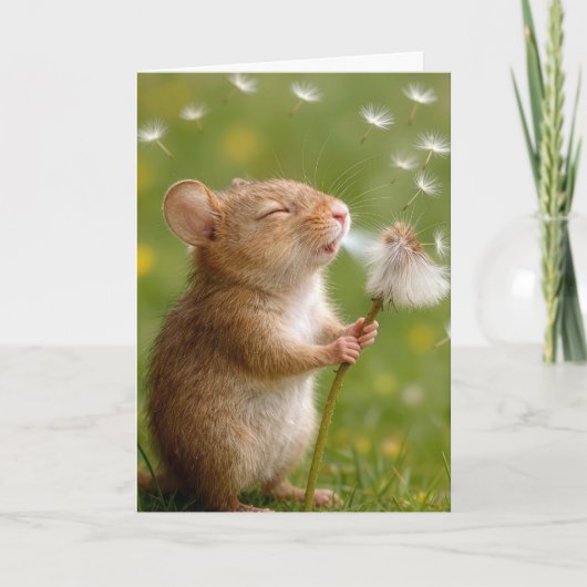 Birthday Mouse Blowing Dandelion Seedlings カード (正面)