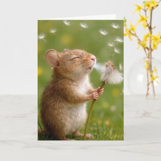 Birthday Mouse Blowing Dandelion Seedlings カード (黄色い花)