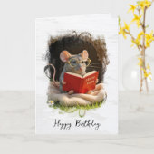 Birthday Mouse Reading a Book カード (黄色い花)