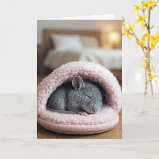 Birthday Mouse Sleeping in a Pink Slipper カード (黄色い花)