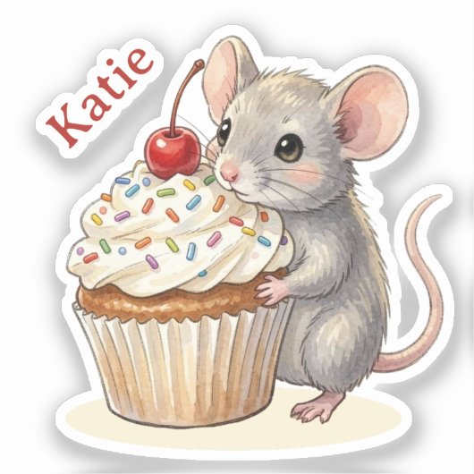 Birthday Mouse with Cupcake | Personalized  シール (正面)