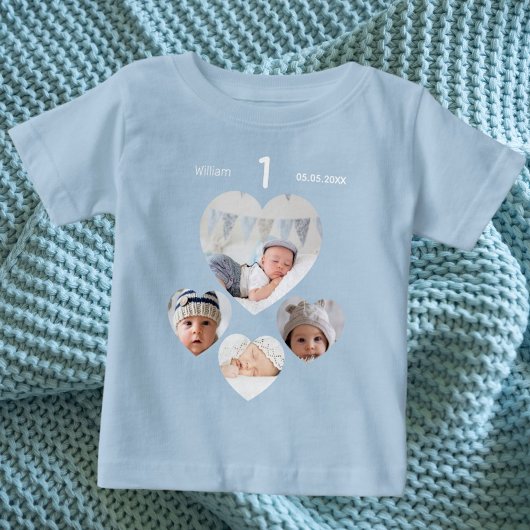 Birthday name age photo collage baby boy blue ベビーTシャツ