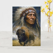 Birthday Native American Chief with Buffalo カード (黄色い花)