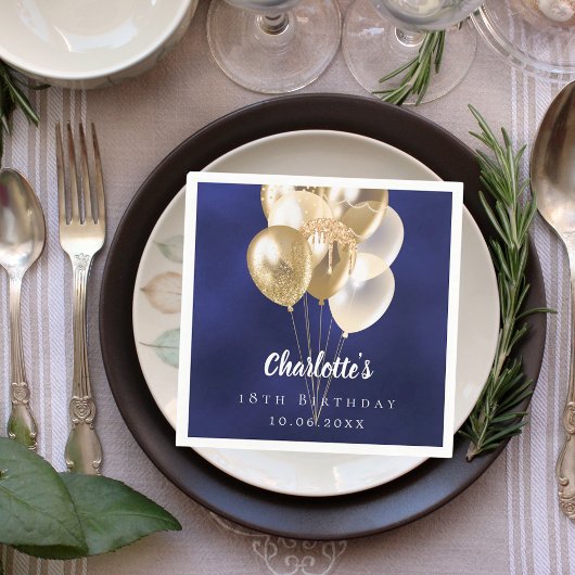 Birthday navy blue gold balloons スタンダードカクテルナプキン