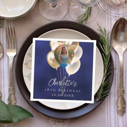 Birthday navy blue gold balloons photo スタンダードカクテルナプキン