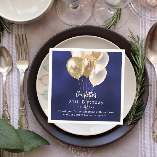 Birthday navy blue gold balloons thank you スタンダードカクテルナプキン
