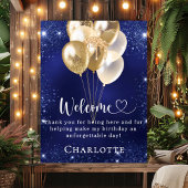 Birthday navy blue gold balloons welcome ポスター