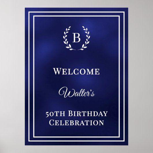 Birthday navy blue monogrammed elegant welcome ポスター (正面)