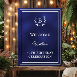 Birthday navy blue monogrammed elegant welcome ポスター