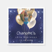 Birthday navy blue photo glitter gold balloons スタンダードカクテルナプキン (正面)