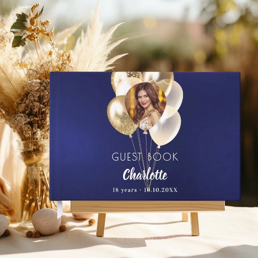 Birthday navy blue photo gold balloons ゲストブック