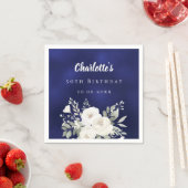 Birthday navy blue white florals roses スタンダードカクテルナプキン (インサイチュ)