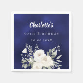 Birthday navy blue white florals roses スタンダードカクテルナプキン (正面)