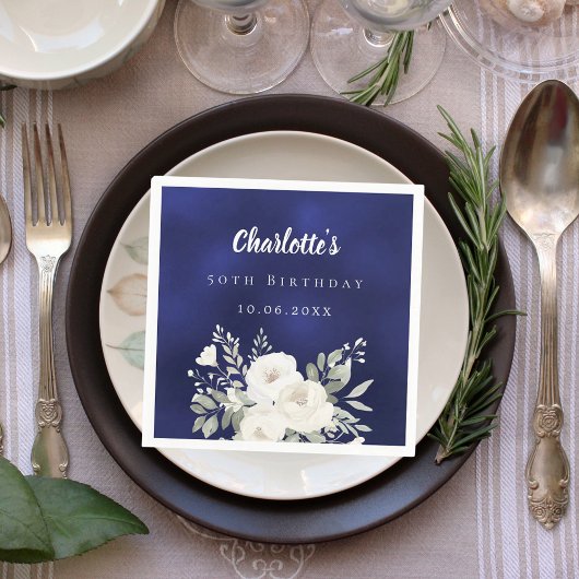 Birthday navy blue white florals roses スタンダードカクテルナプキン