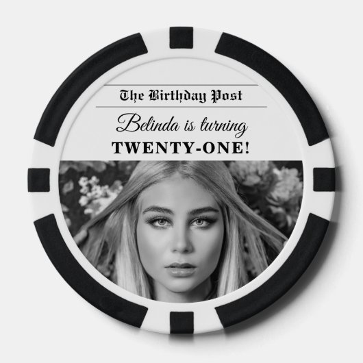 Birthday Newspaper Fun Black & White Photo ポーカーチップ (正面)