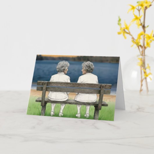 Birthday Old Ladies Chatting on a Bench カード (黄色い花)