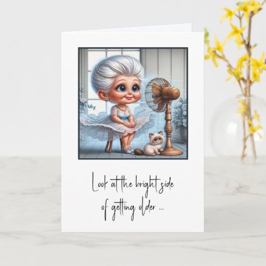Birthday Old Lady Sitting In Front of a Fan カード (黄色い花)