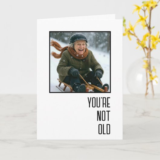 Birthday Old Lady Sledding Downhill カード (黄色い花)