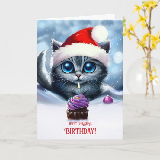 Birthday on Christmas Day Cute Kitten with Cupcake カード (黄色い花)