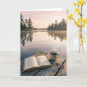 Birthday Open Book With Coffee On a Lake Dock カード (黄色い花)