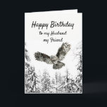 Birthday Owl Bird Watercolor Husband Friend カード<br><div class="desc">Watercolor Owl in flight striking with a winter of frosty snow-covered trees Forest Happy Birthday for my Husband,  my Friend</div>
