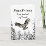 Birthday Owl Bird Watercolor Husband Friend カード<br><div class="desc">Watercolor Owl in flight striking with a winter of frosty snow-covered trees Forest Happy Birthday for my Husband,  my Friend</div>