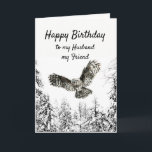 Birthday Owl Bird Watercolor Husband Friend カード<br><div class="desc">Watercolor Owl in flight striking with a winter of frosty snow-covered trees Forest Happy Birthday for my Husband,  my Friend</div>