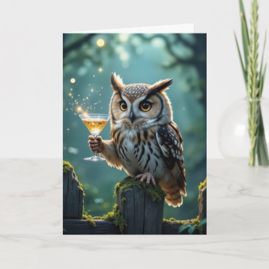 Birthday Owl Holding a Cocktail In a Forest カード (正面)