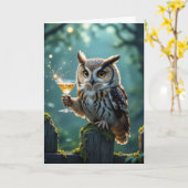 Birthday Owl Holding a Cocktail In a Forest カード (黄色い花)