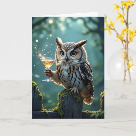 Birthday Owl Holding a Cocktail In a Forest カード (黄色い花)