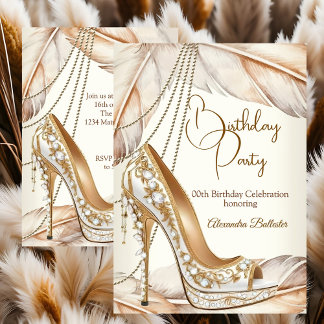 Birthday Party Beige Cream Gold Heel Stiletto Shoe 招待状