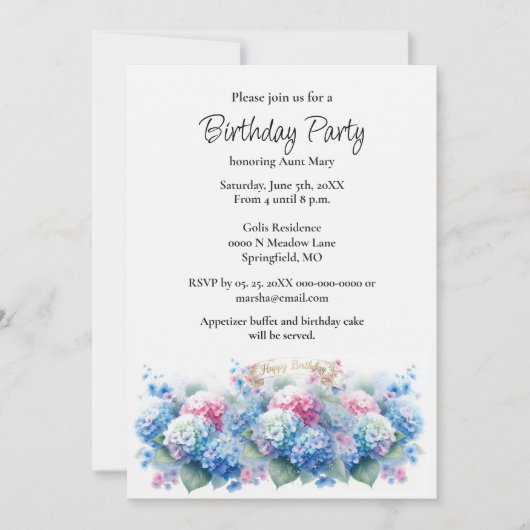 Birthday Party Blue Hydrangea Flower Invitation 招待状 (正面)